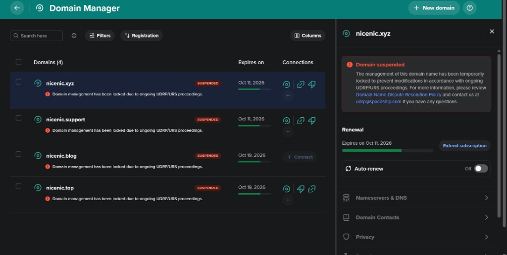 Domain Manager screenshot showing domains suspended